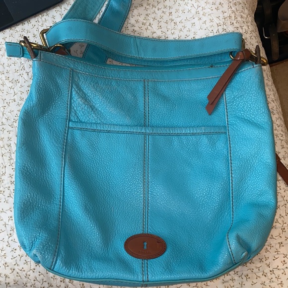 FOSSIL Teal Turquoise Blue Leather Crossbody/Messenger handbag (A) - Picture 3 of 10